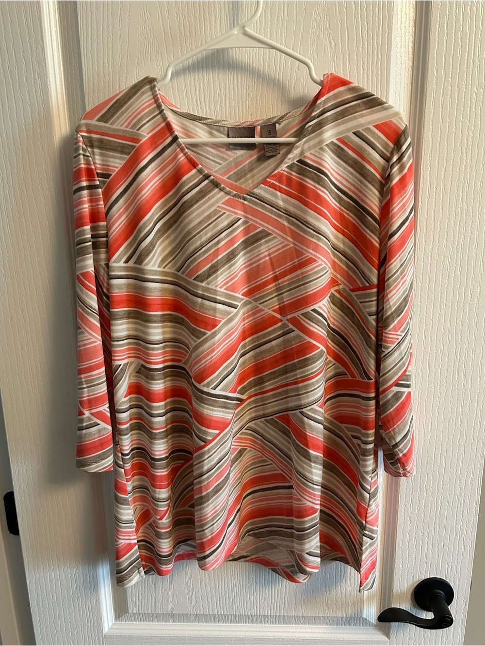 Chico's Striped V-Neck Long Sleeve Top in Coral, Taupe, and Cream